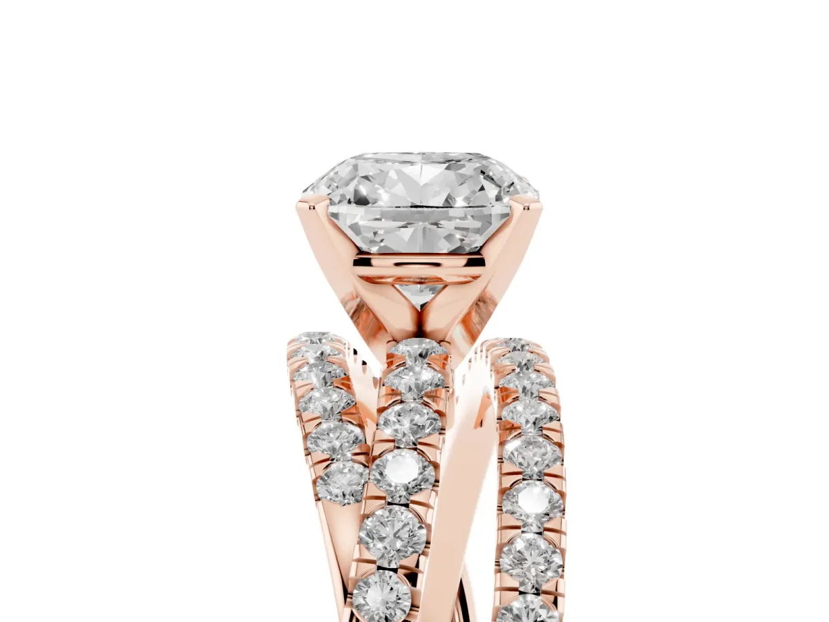 Cushion Cut Solitaire Twist Band with Pavé Setting and Four-Prong Setting Rose gold