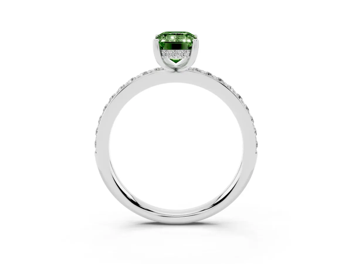 Fancy Green Emerald Cut Cut Diamond Pavé Band Ring with Four-Prong Setting Silver