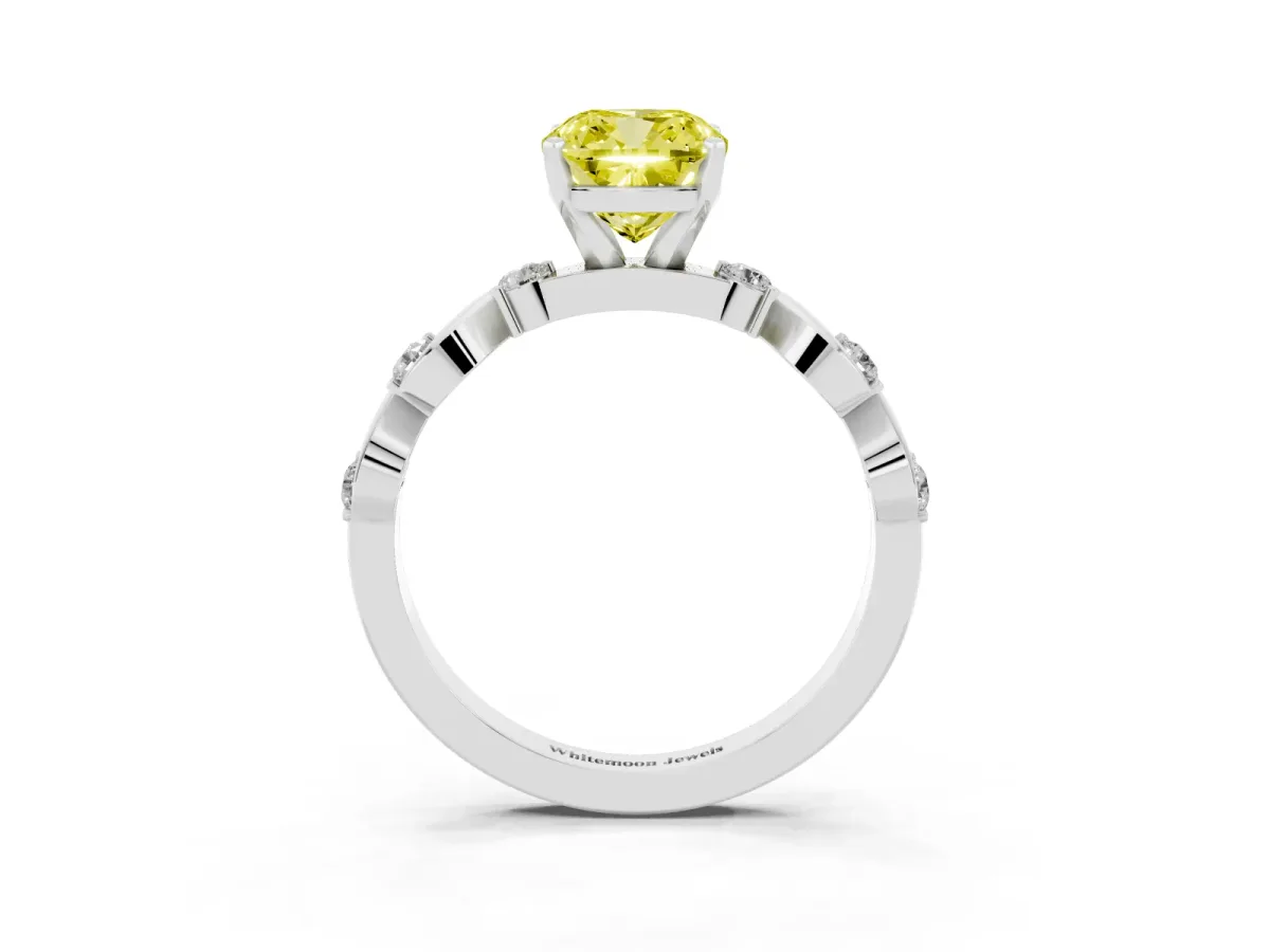 Fancy Yellow Cushion Cut Diamond Solitaire Twisted Band with Round Accents and Prong Setting White gold