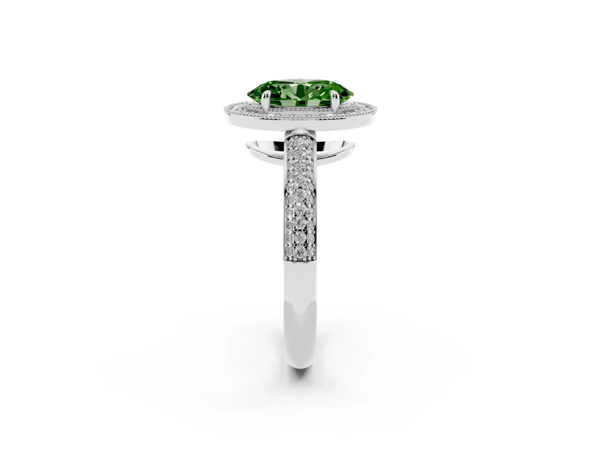 Fancy Green Oval Cut Cut Halo Diamond Pave Band with Four-Prong Setting Silver