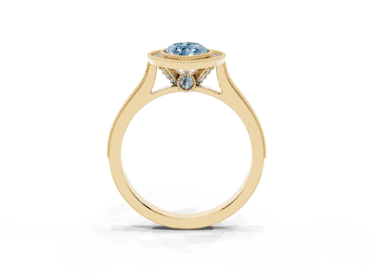 Fancy Blue Halo Marquise Cut-Cut Diamond Pave Band Milgrain Prong Setting Ring Yellow gold