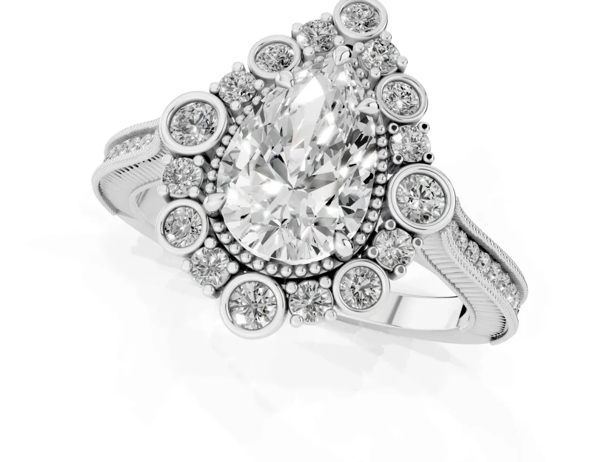 Pear Cut Halo Milgrain Pave Diamond Ring with Four-Prong Setting Silver