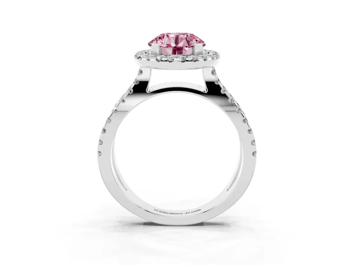 Fancy Pink Round Cut Diamond Halo Ring with Split Shank Pavé Band and Prong Setting Silver