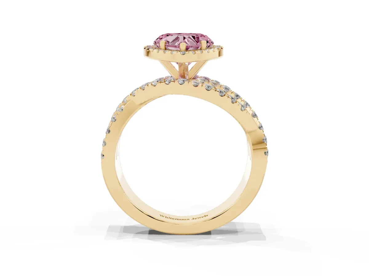 Fancy Pink Heart Cut Diamond Halo Ring with Round Split Shank and Prong Setting Yellow gold