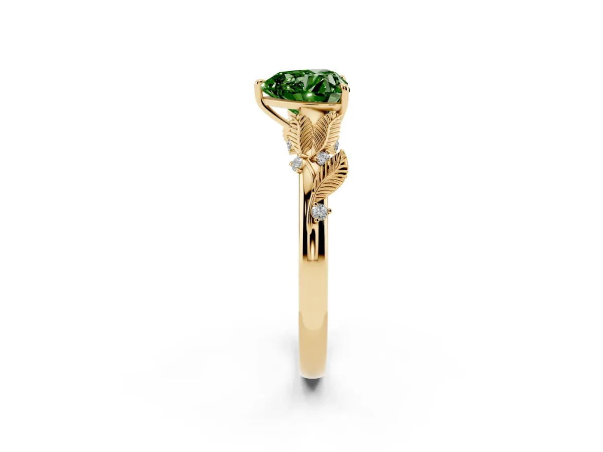 Fancy Green Heart Cut Diamond Solitaire Ring with Leaf Motif Band and Four-Prong Setting Yellow gold