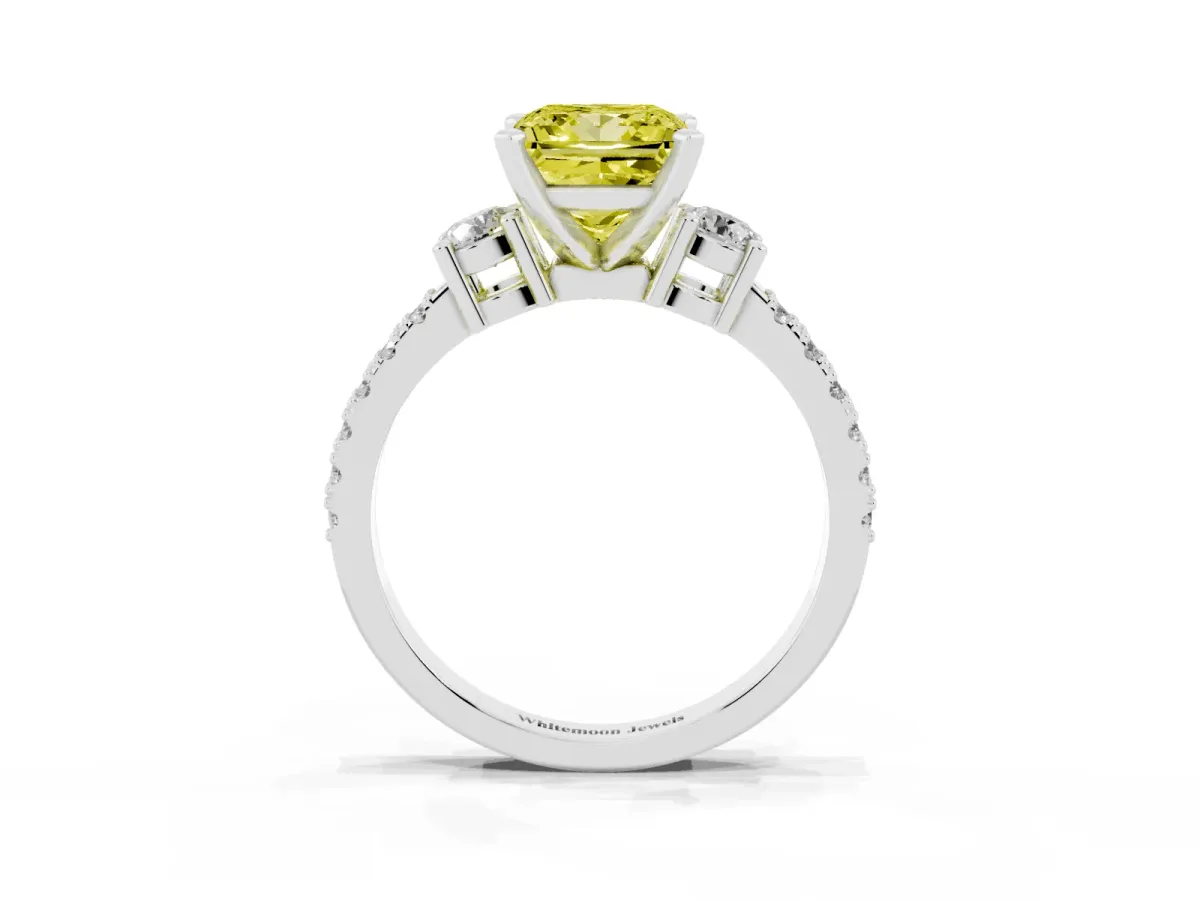 Fancy Yellow Princess Cut Three-Stone Diamond Pavé Band with Prong Setting Silver