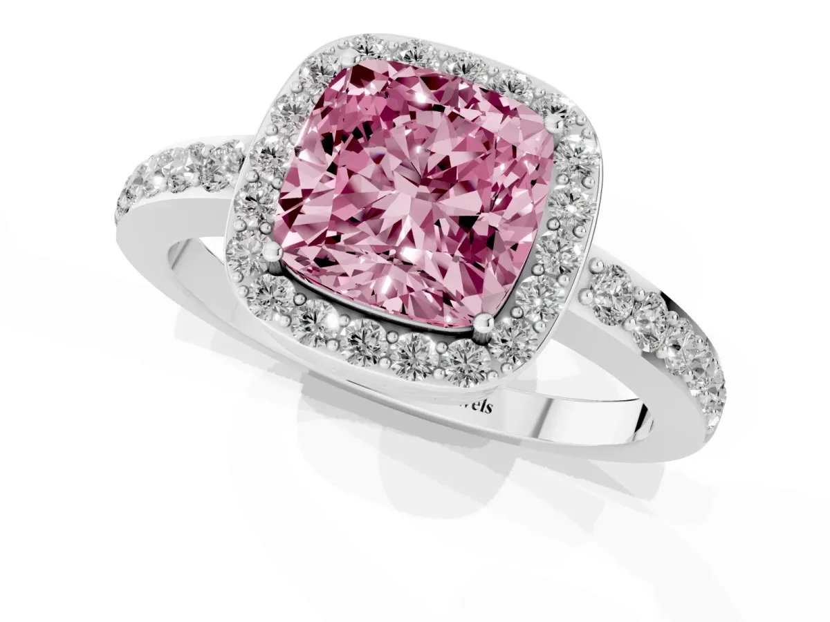 Fancy Pink Cushion Cut Halo Diamond Pavé Band Ring with Prong Setting Silver