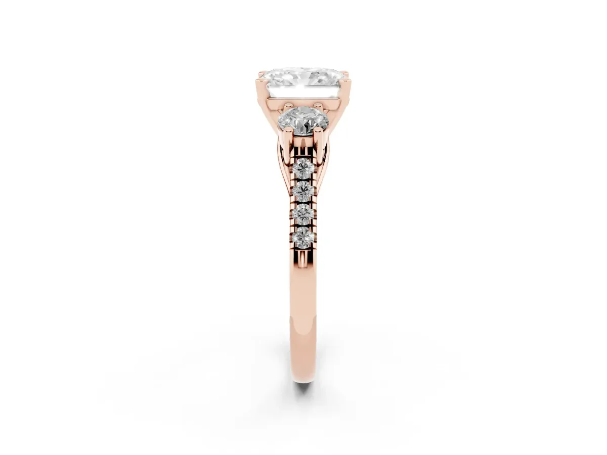 Three-Stone Radiant Cut Diamond Pavé Band with Four-Prong Setting Rose gold