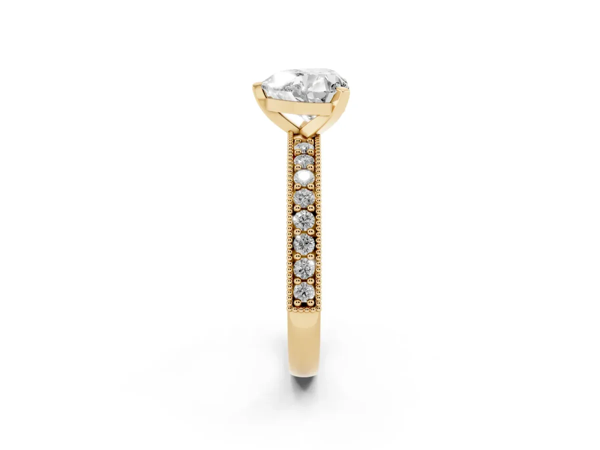 Heart Cut Diamond Milgrain Pavé Engagement Ring with Four-Prong Setting Yellow gold