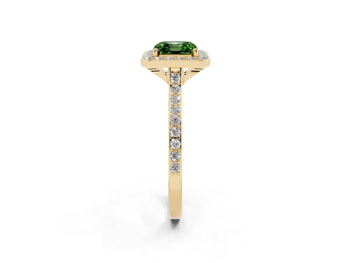 Fancy Green Asscher Cut Diamond Halo Engagement Ring with Round Pavé Shoulders and Prong Setting Yellow gold