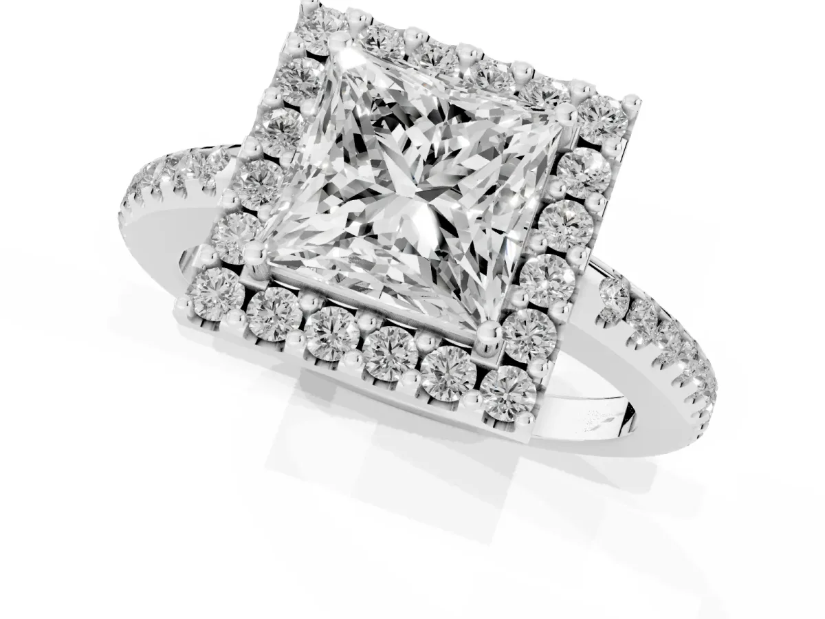 Princess Cut Diamond Pavé Halo Ring with Four-Prong Setting Silver