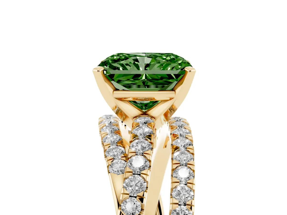 Fancy Green Radiant Cut Solitaire Twist Band with Pavé Setting and Four-Prong Setting Yellow gold