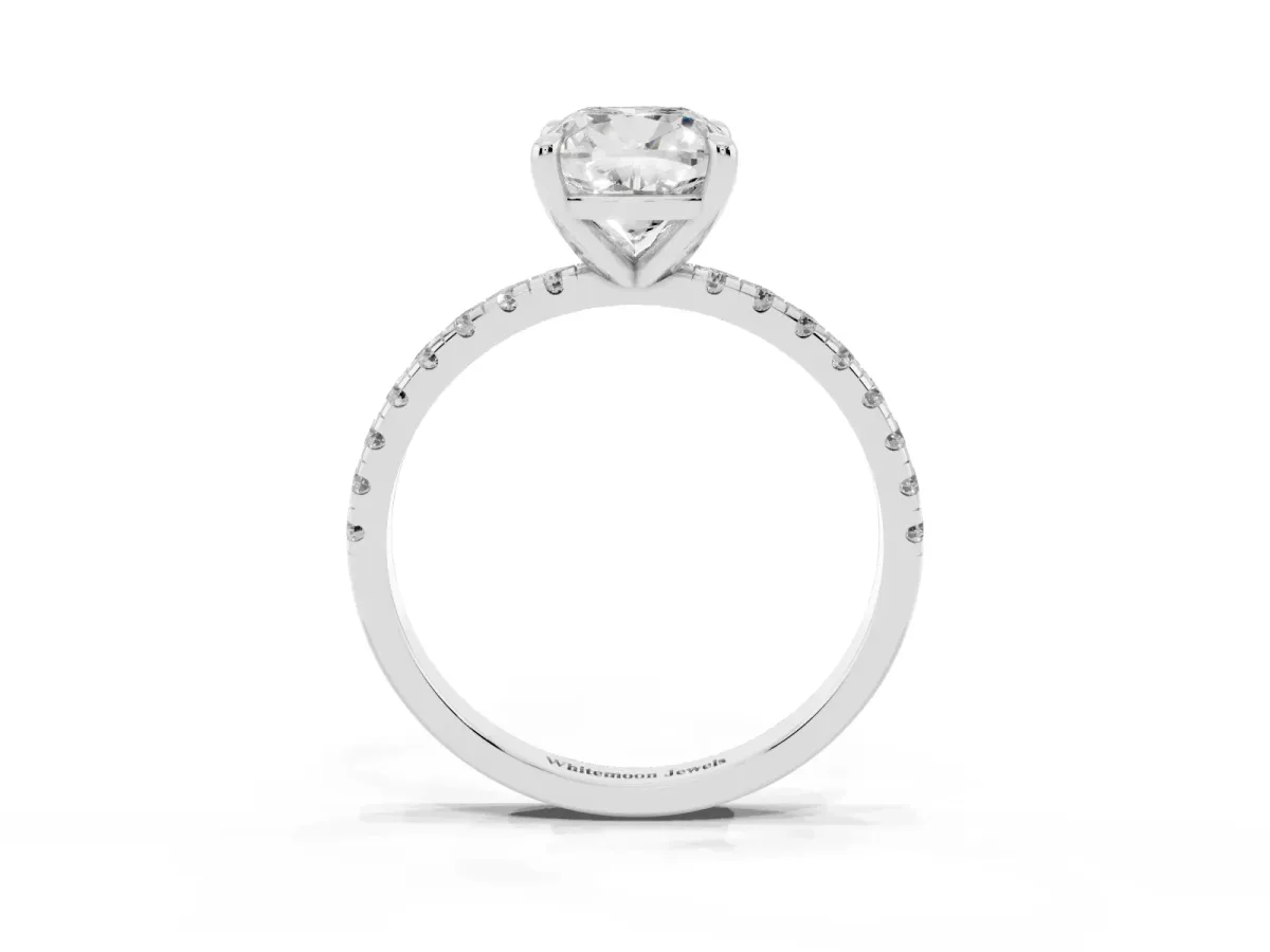 Cushion Cut Diamond Brilliant Solitaire Ring with Pavé Band and Four-Prong Setting Platinum