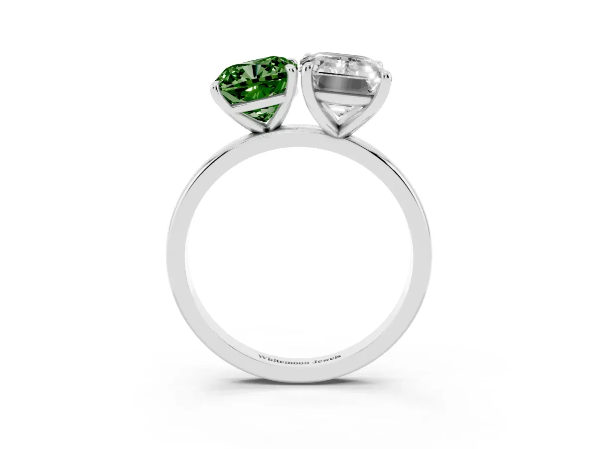 Fancy Green Cushion Cut and Emerald Cut Toi Moi Ring with Prong Setting Silver