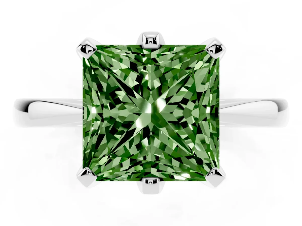 Fancy Green Princess Cut Solitaire Engagement Ring with Six-Prong Setting and Tapered Band Platinum