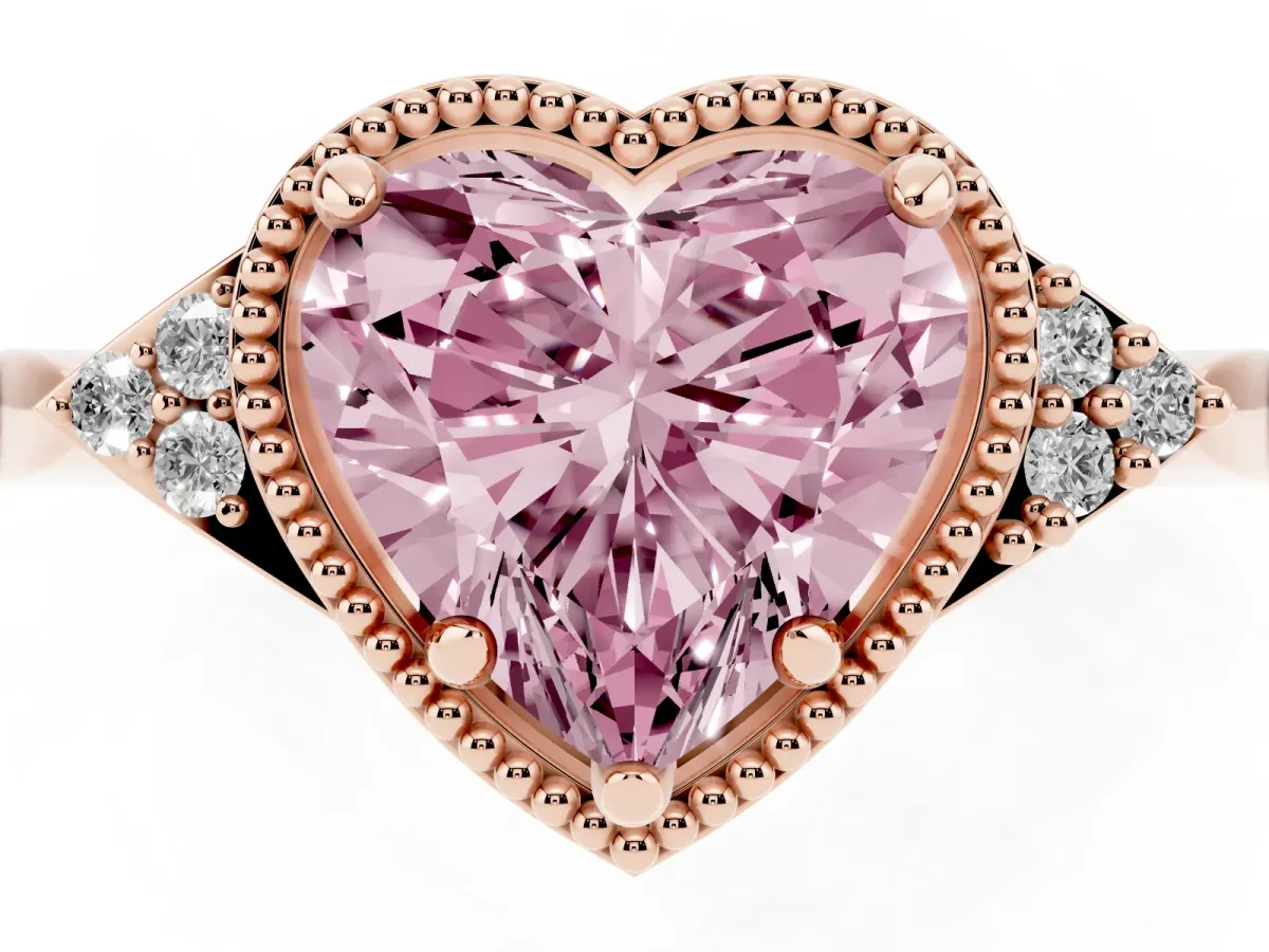 Fancy Pink Hexagonal Halo Heart Cut Diamond Solitaire with Pavé Band and Four-Prong Setting Rose gold