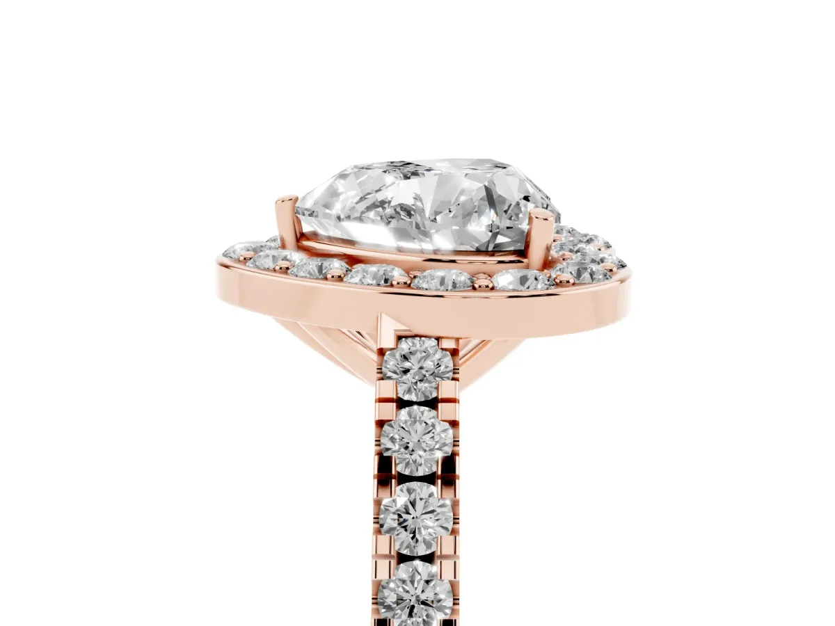 Heart Cut Diamond Halo Ring with Round Pavé Split Shank and Prong Setting Rose gold
