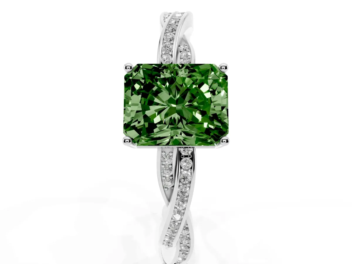 Fancy Green Radiant Cut Solitaire Twisted Pave Diamond Ring with Four-Prong Setting White gold