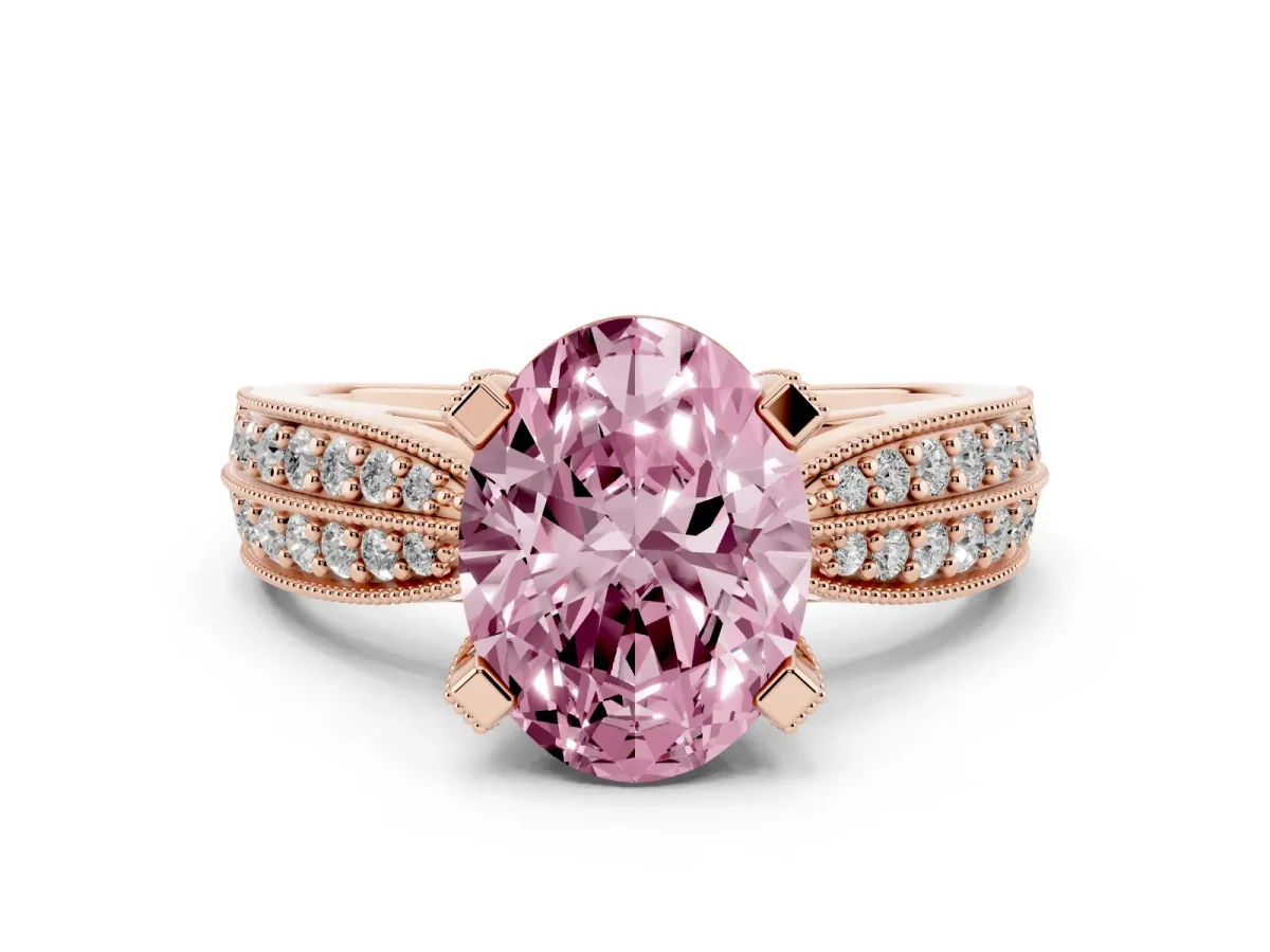 Fancy Pink Oval Cut Diamond Solitaire Ring with Milgrain Round Pavé Band and Prong Setting Rose gold