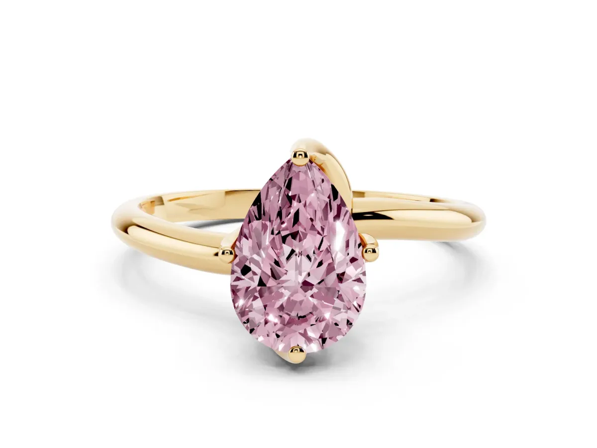 Fancy Pink Pear Cut Diamond Solitaire Engagement Ring with Four-Prong Setting and Classic Band Yellow gold