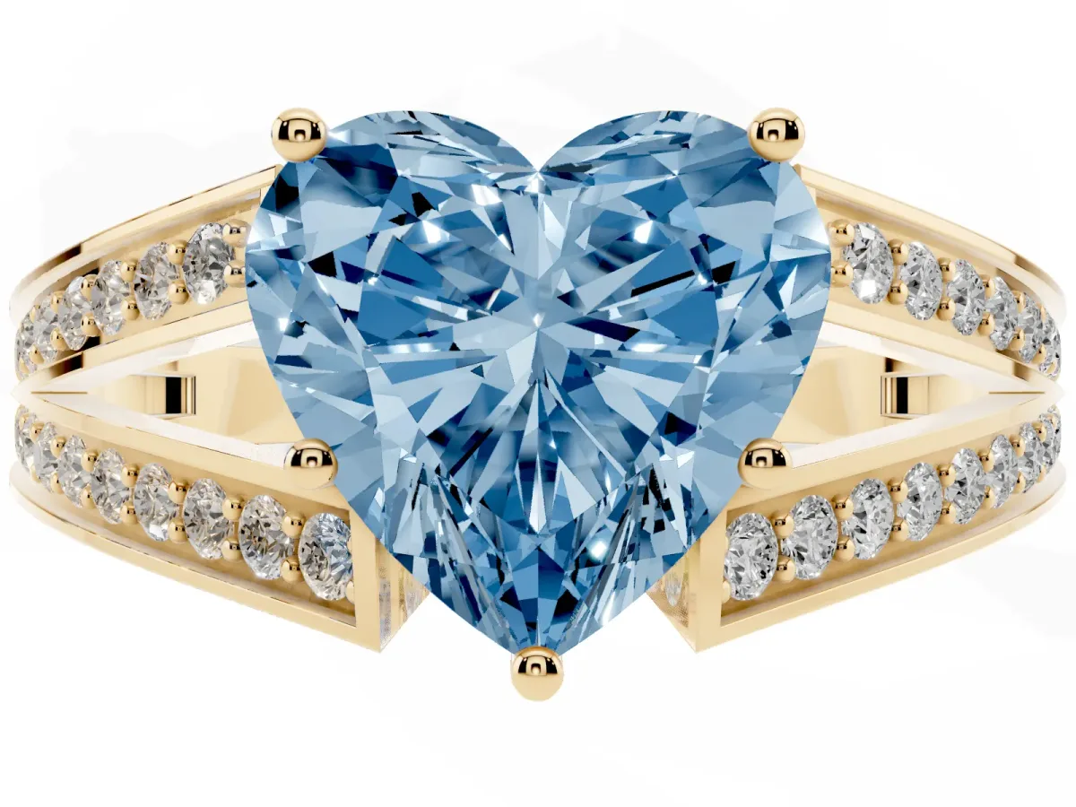 Fancy Blue Heart Cut Diamond Split Shank Ring with Pavé Band and Four-Prong Setting Yellow gold