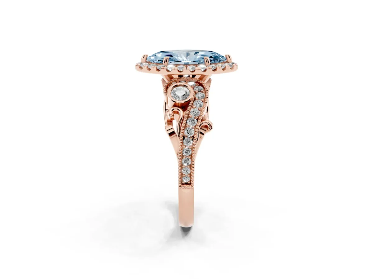 Fancy Blue Marquise Cut Diamond Halo Ring with Milgrain Pavé Band and Four-Prong Setting Rose gold