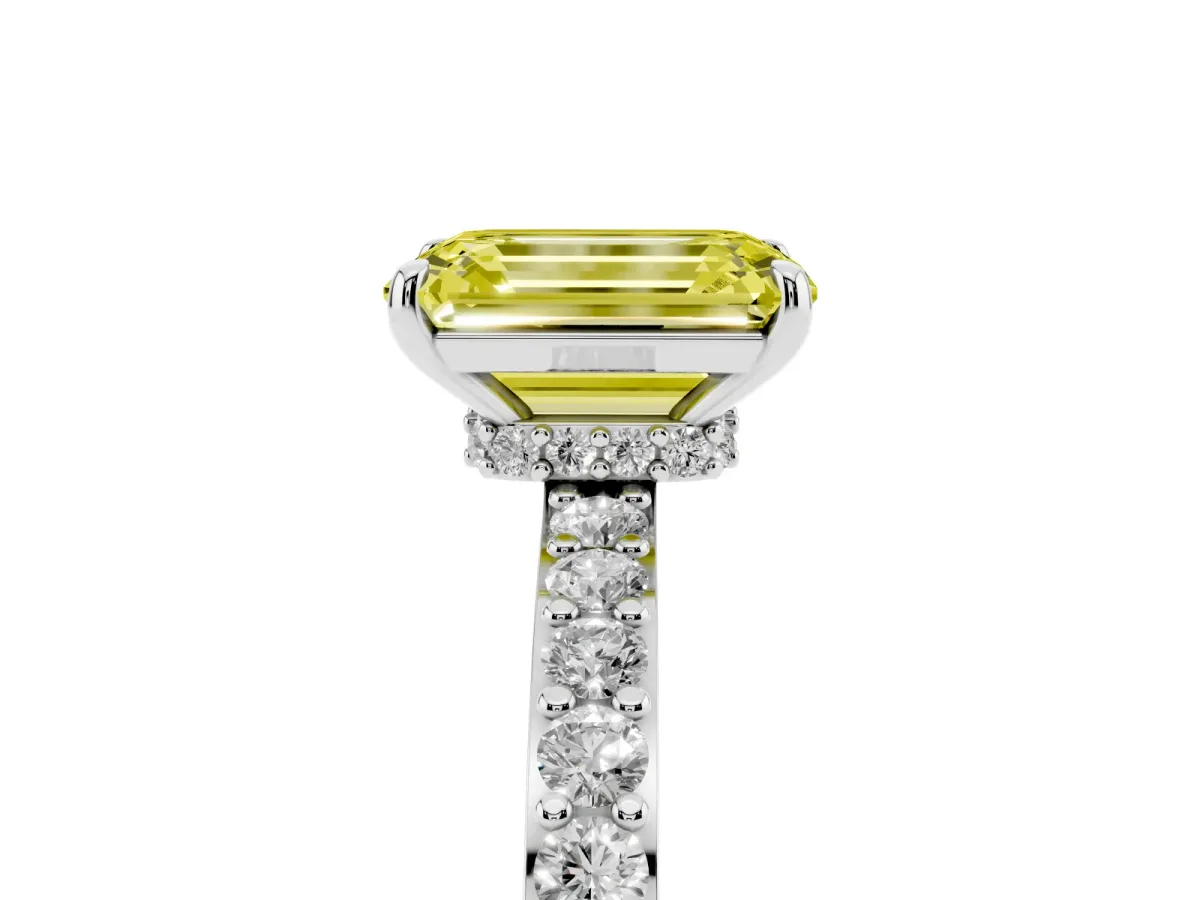 Fancy Yellow Emerald Cut Diamond Solitaire Engagement Ring with Pavé Band and Four-Prong Setting Silver