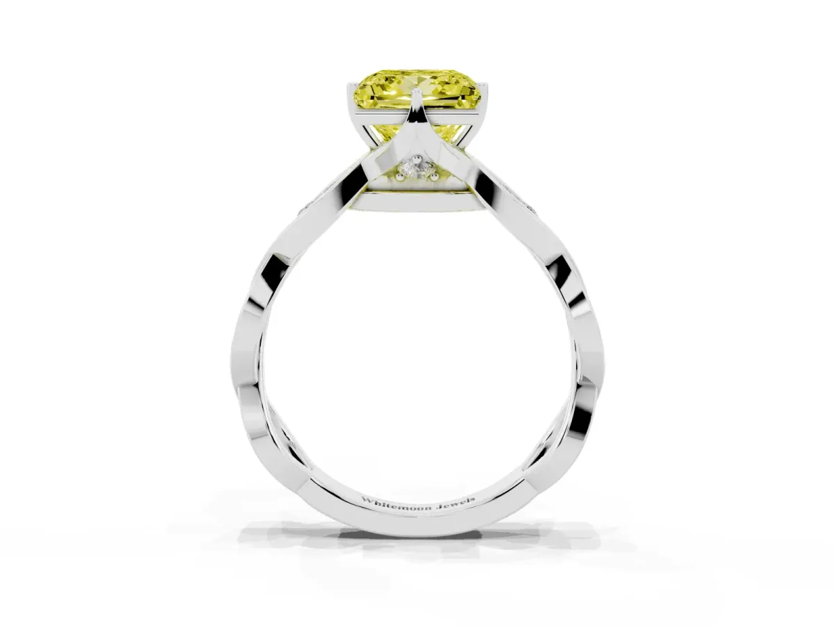 Fancy Yellow Princess Cut Solitaire Twist Band with Leaf Prong Setting Silver