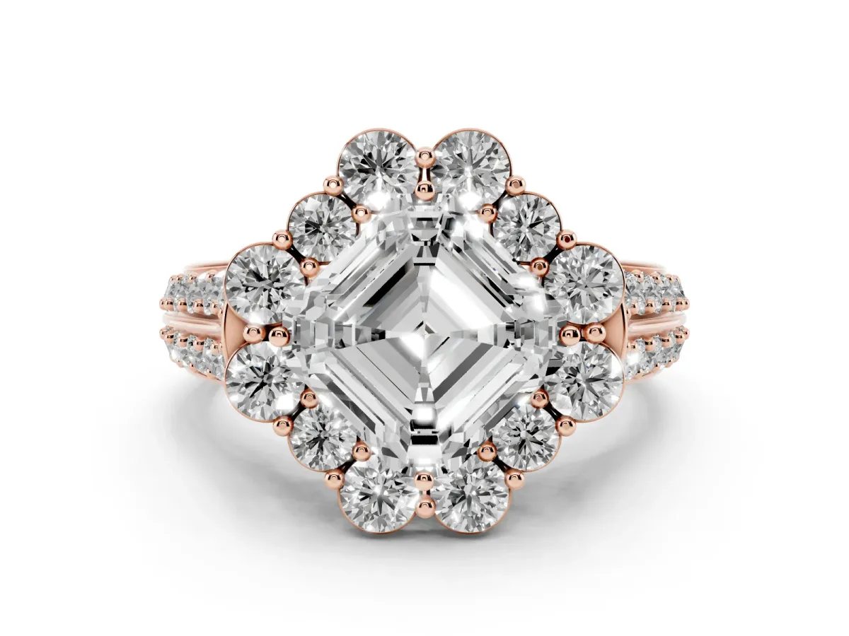 Asscher Cut Halo Diamond Engagement Ring with Split Shank and Prong Setting Rose gold