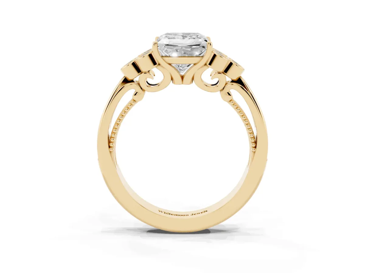 Princess Cut Cut Diamond Engagement Ring with Bezel Set Round Side Stones and Prong Setting Yellow gold