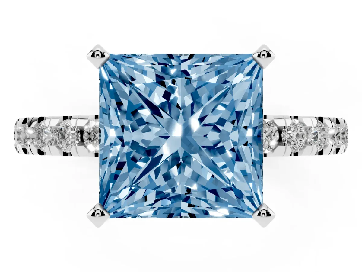 Fancy Blue Princess Cut Diamond Solitaire Ring with Round Pavé Band and Four-Prong Setting Silver