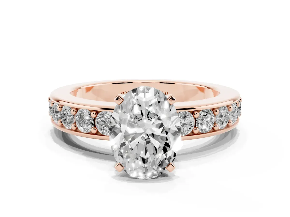 Oval Cut Diamond Engagement Ring with Channel Set Round Band and Prong Setting Rose gold