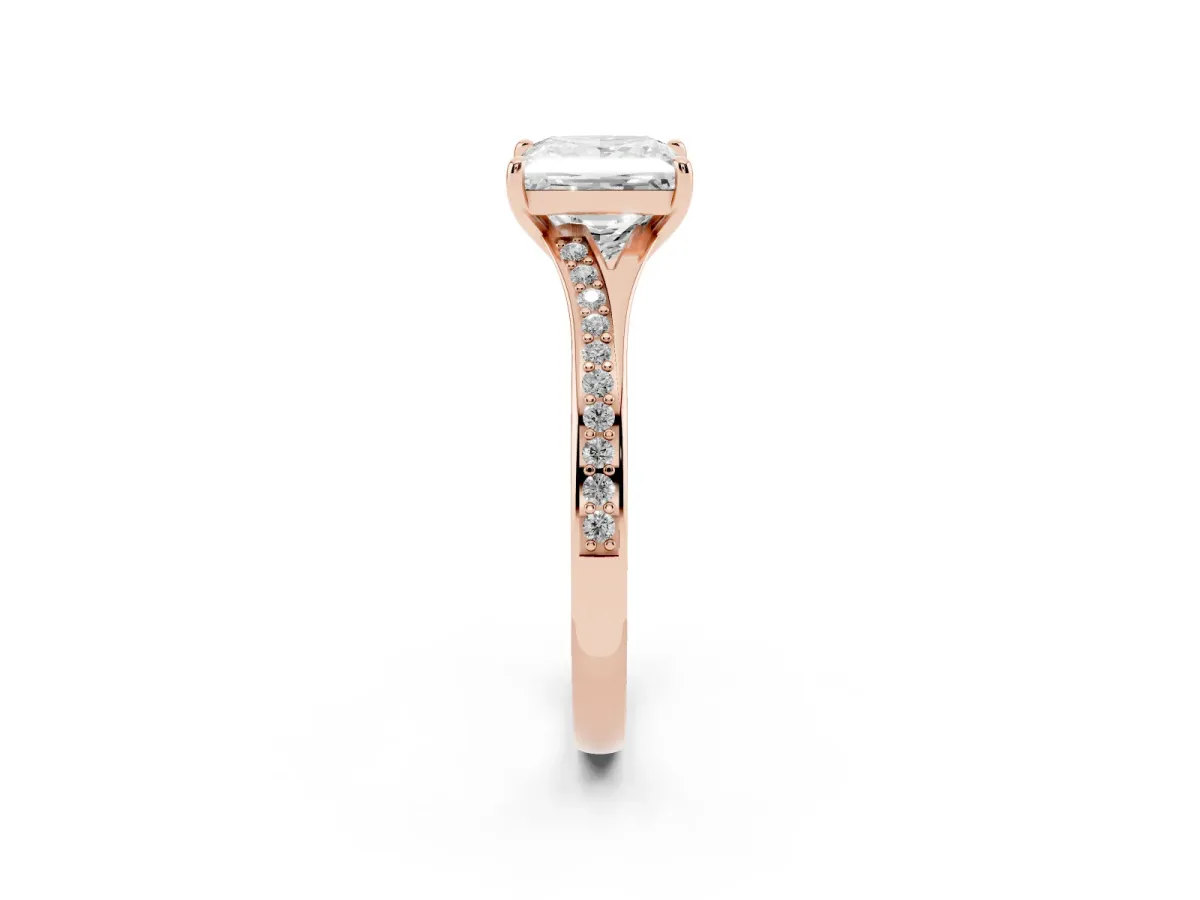 Princess Cut Diamond Solitaire Ring with Pavé Band and Prong Setting Rose gold
