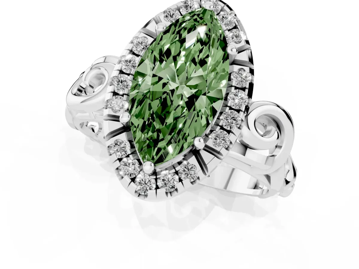 Fancy Green Marquise Cut Cut Halo Diamond Ring with Scrollwork Band and Four-Prong Setting Platinum