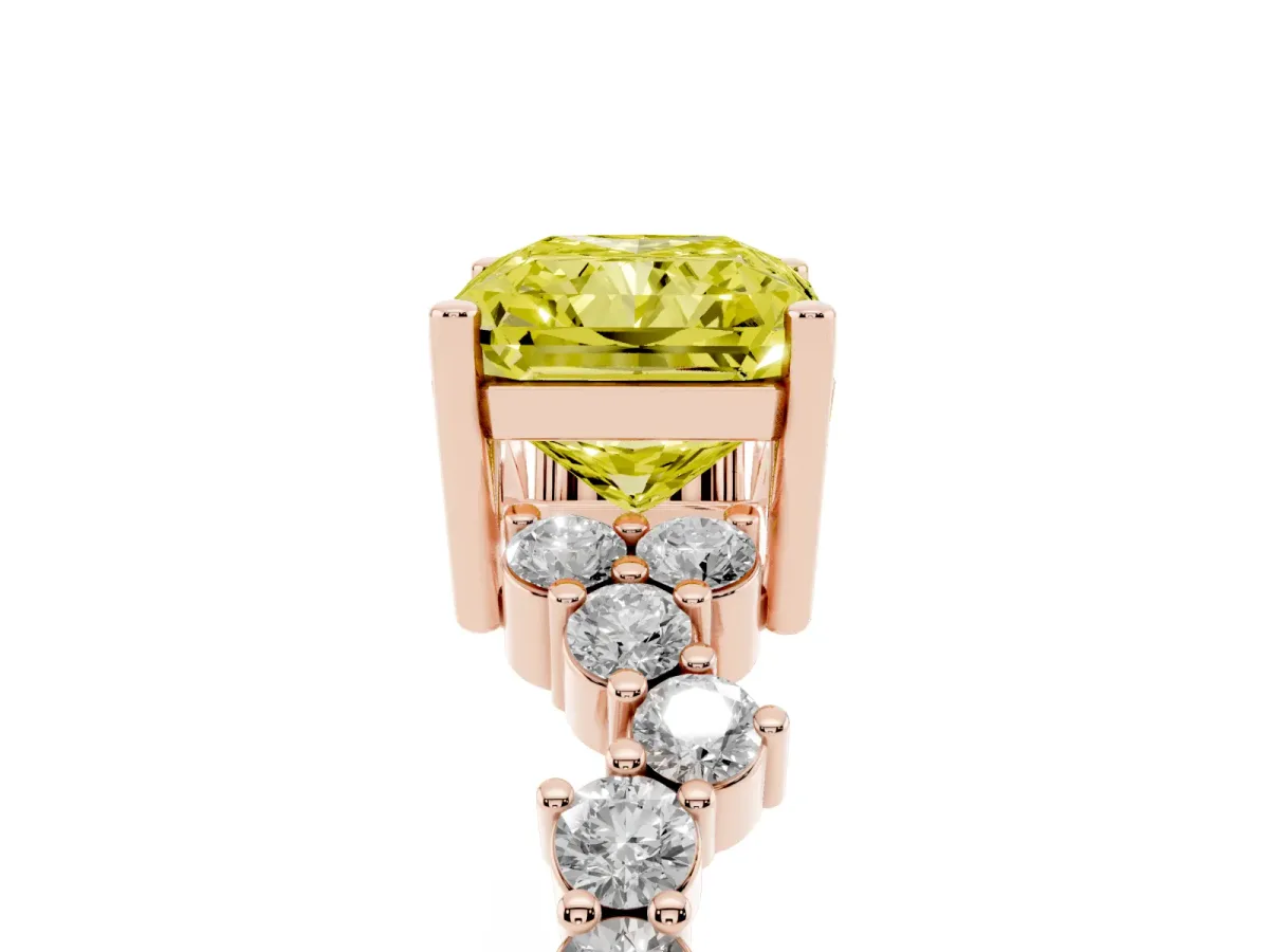 Fancy Yellow Radiant Cut Diamond Scattered Round Accent Ring with Prong Setting Rose gold