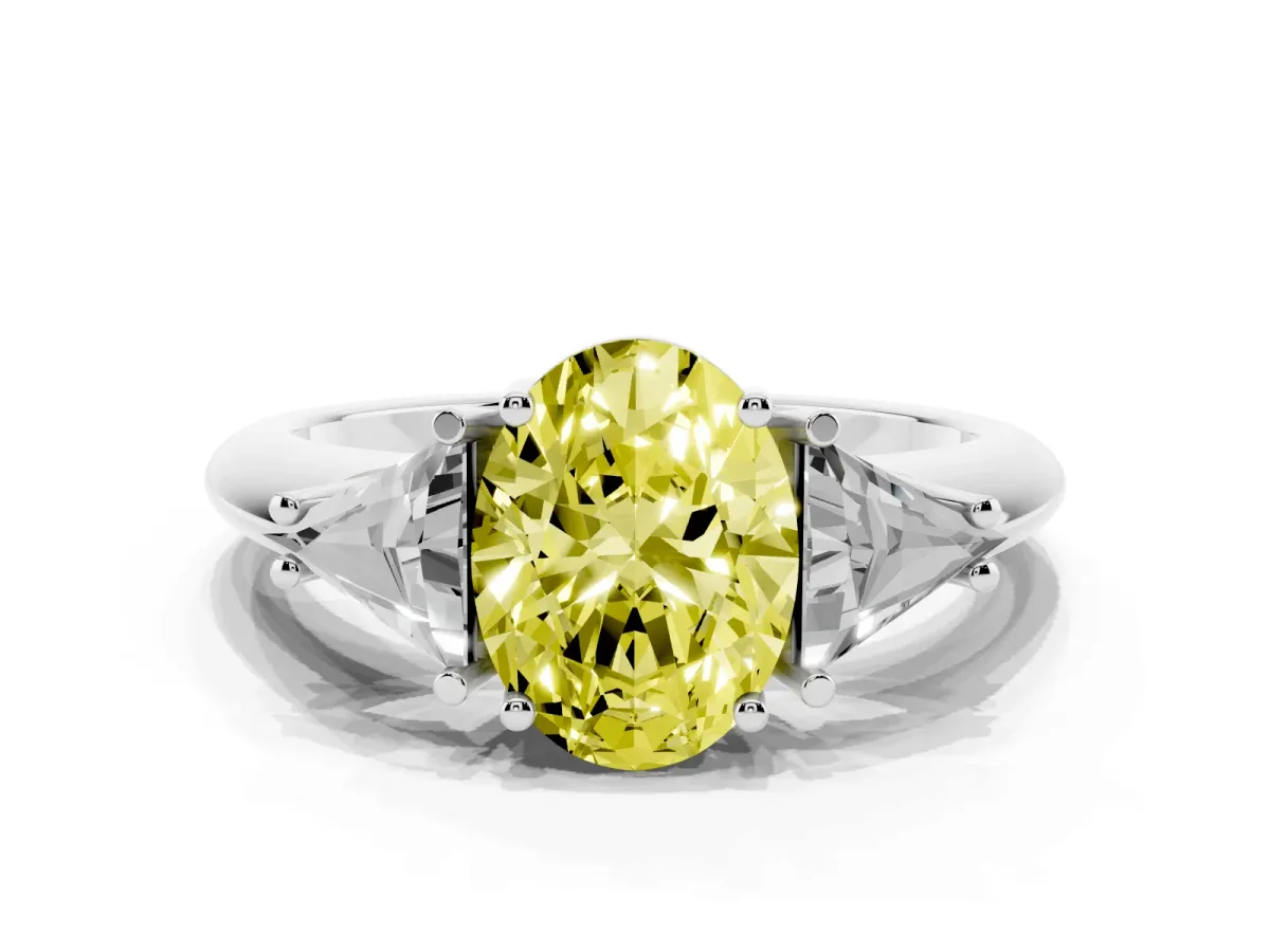 Fancy Yellow Three-Stone Oval Cut Diamond Engagement Ring with Trillion Side Stones and Prong Setting Silver