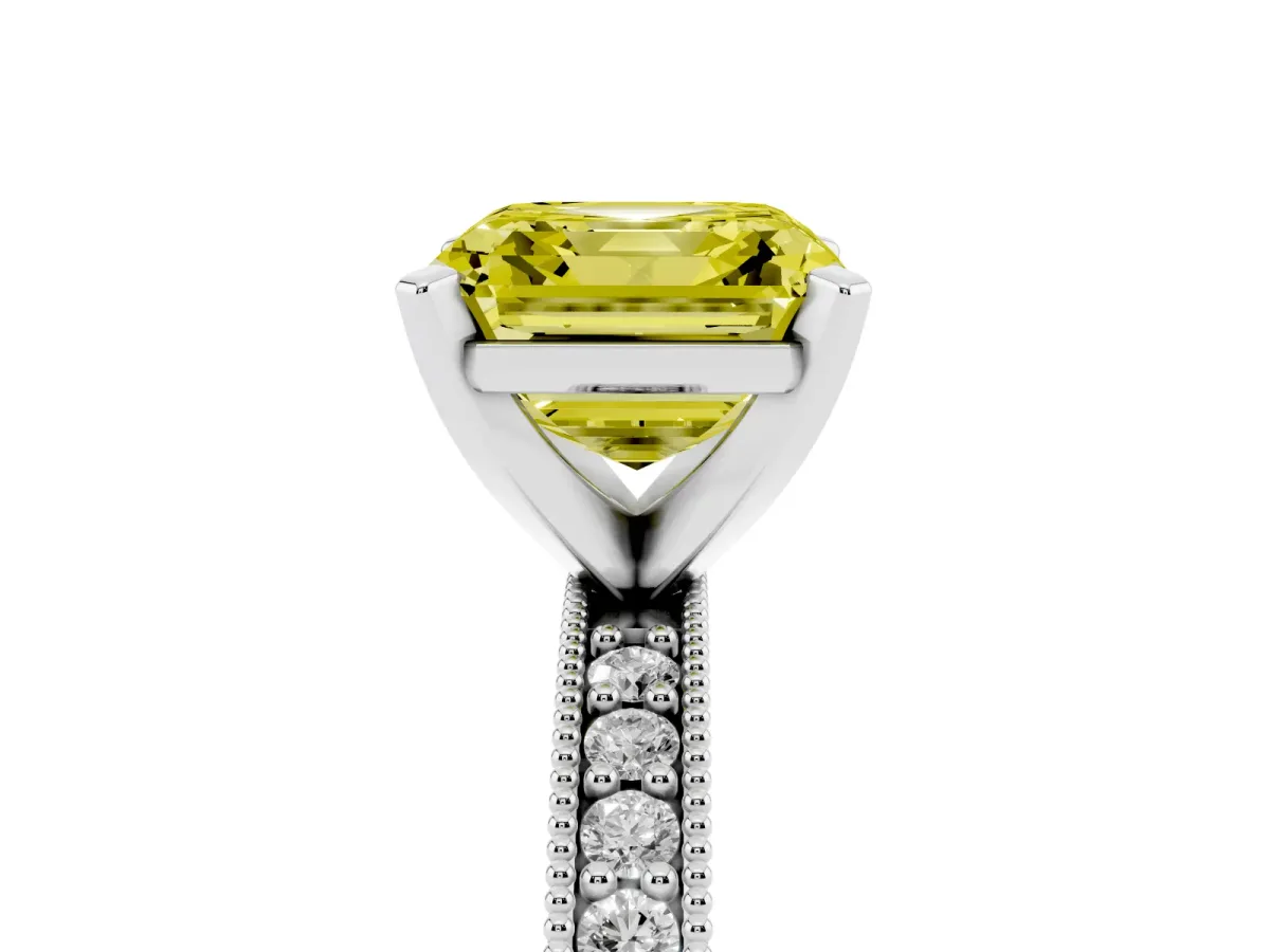 Fancy Yellow Asscher Cut Diamond Milgrain Pavé Engagement Ring with Four-Prong Setting Silver