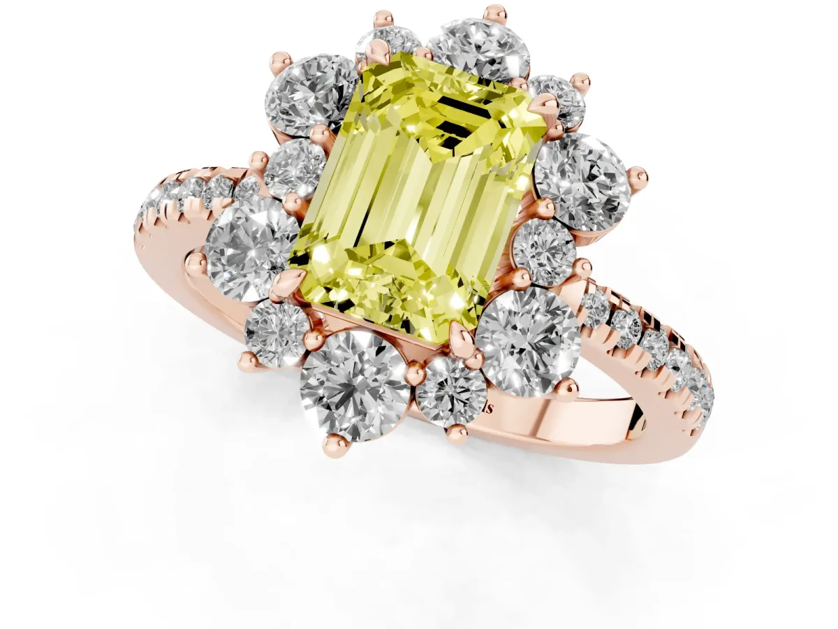 Fancy Yellow Emerald Cut Diamond Floral Halo Ring with Round Pavé Band and Prong Setting Rose gold