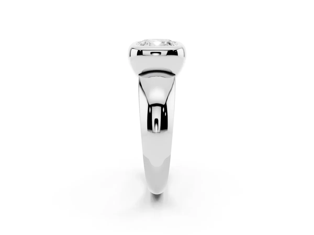 Bezel Set Cushion Cut Solitaire Ring with Wide Band White gold