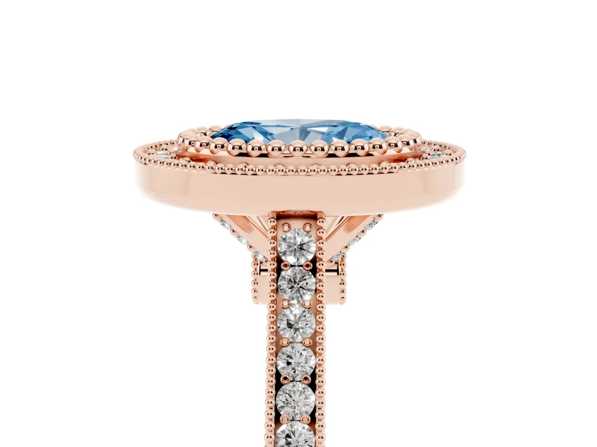 Fancy Blue Oval Cut Diamond Halo Ring with Milgrain Frame and Pavé Band Rose gold