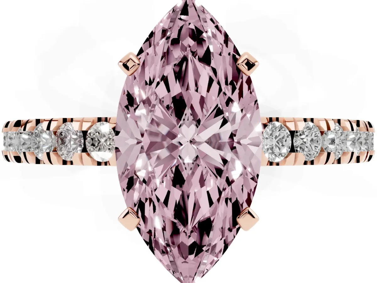 Fancy Pink Marquise Cut Solitaire Diamond with Pavé Band and Four-Prong Setting Rose gold