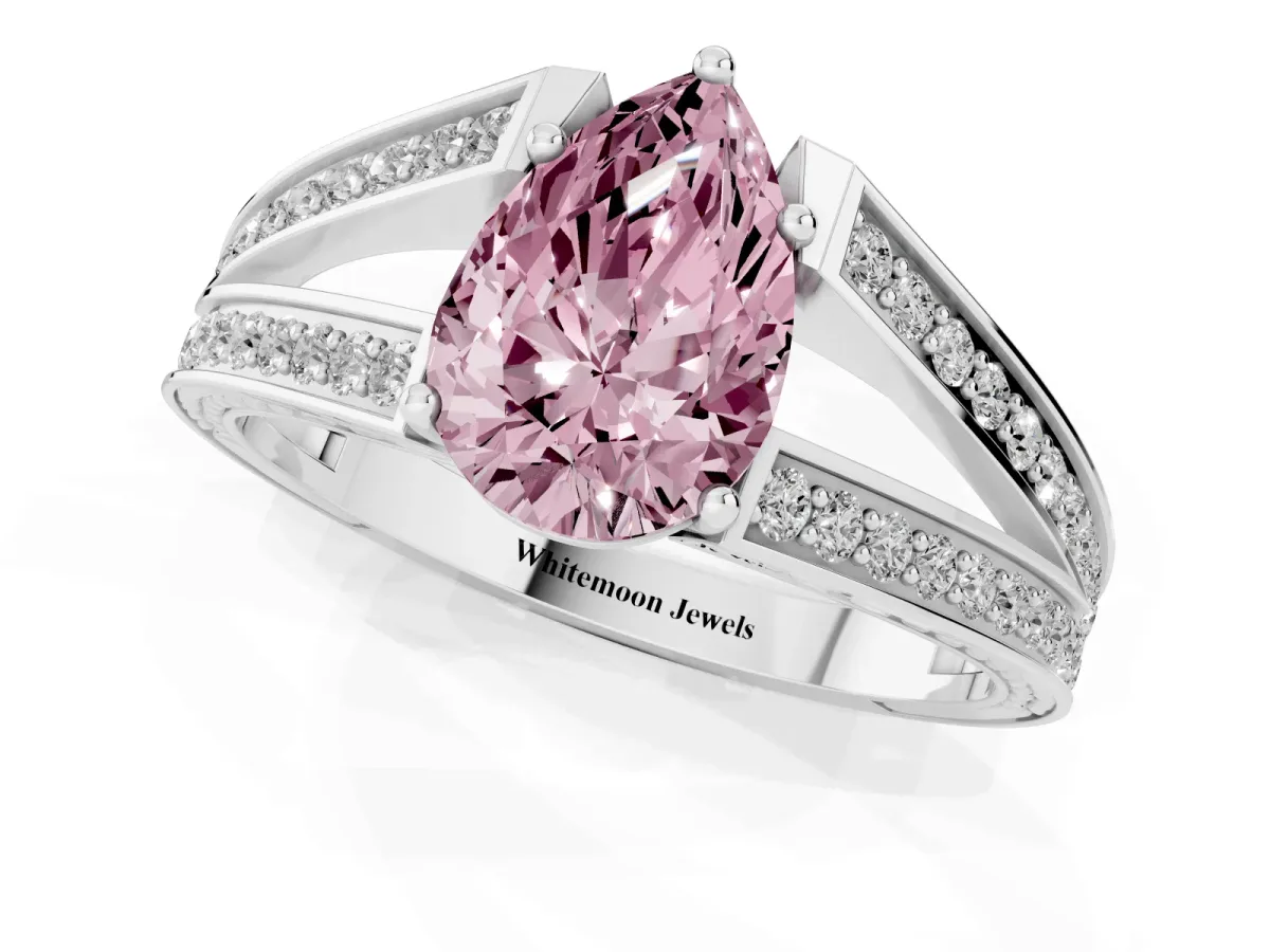 Fancy Pink Pear Cut Diamond Split Shank Ring with Pavé Band and Four-Prong Setting White gold