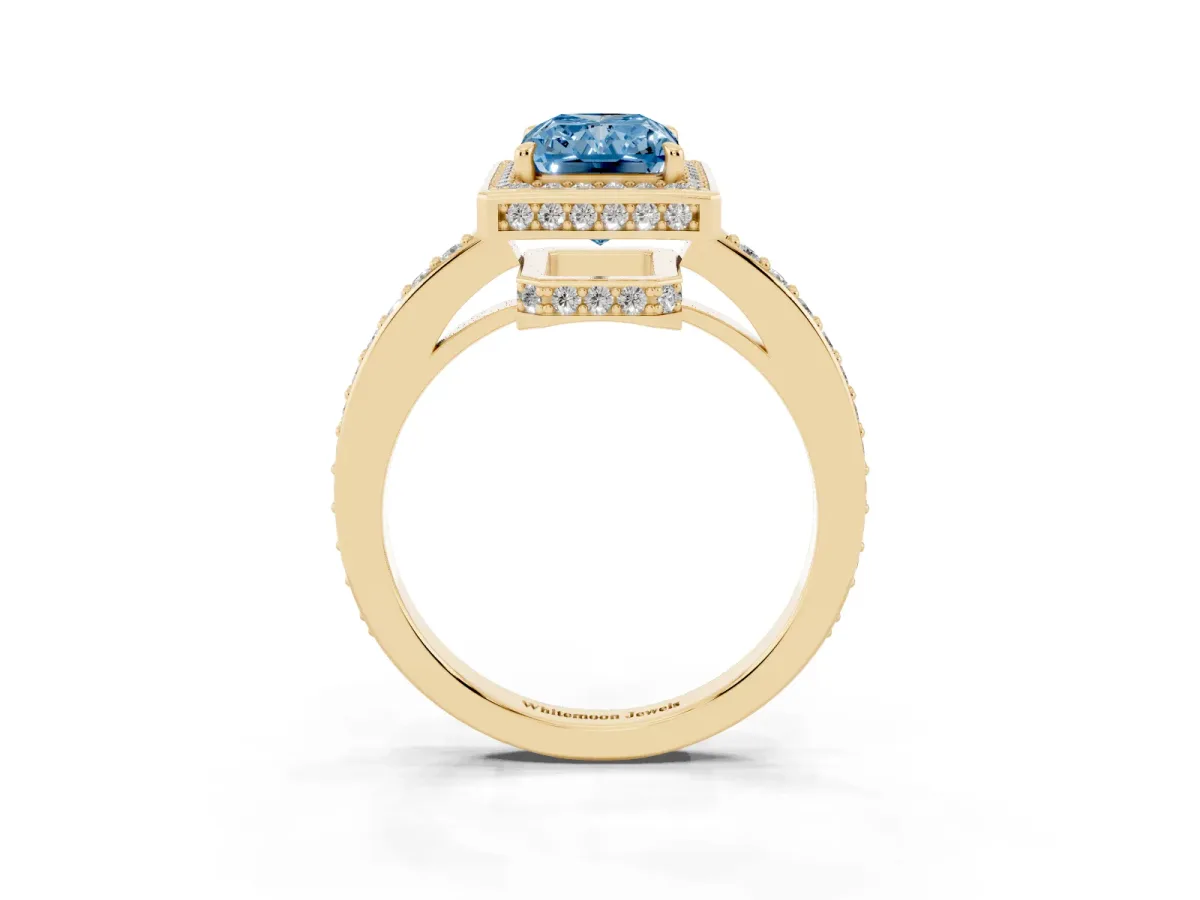 Fancy Blue Radiant Cut Halo Pave Band Solitaire Ring with Prong Setting Yellow gold