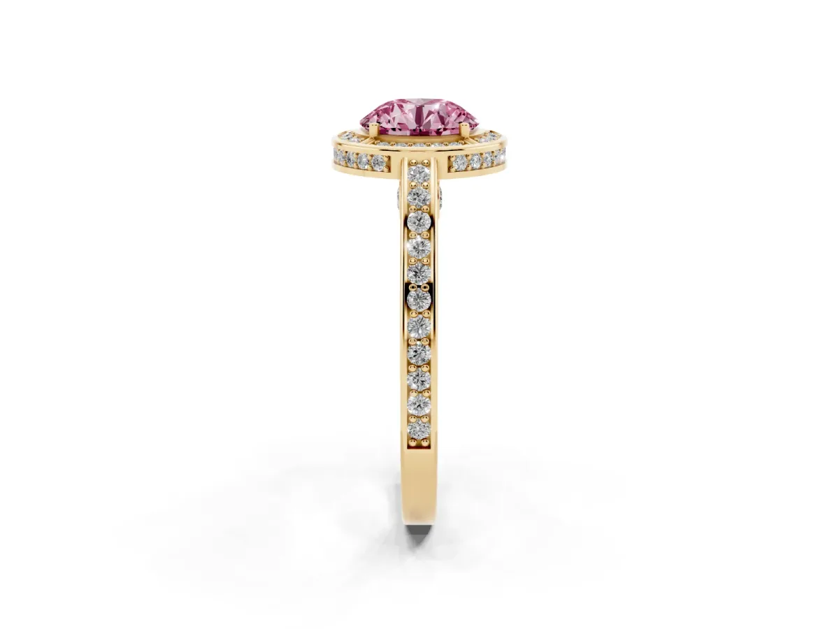 Fancy Pink Round Cut Cut Halo Pave Split Shank Prong Setting Ring Yellow gold