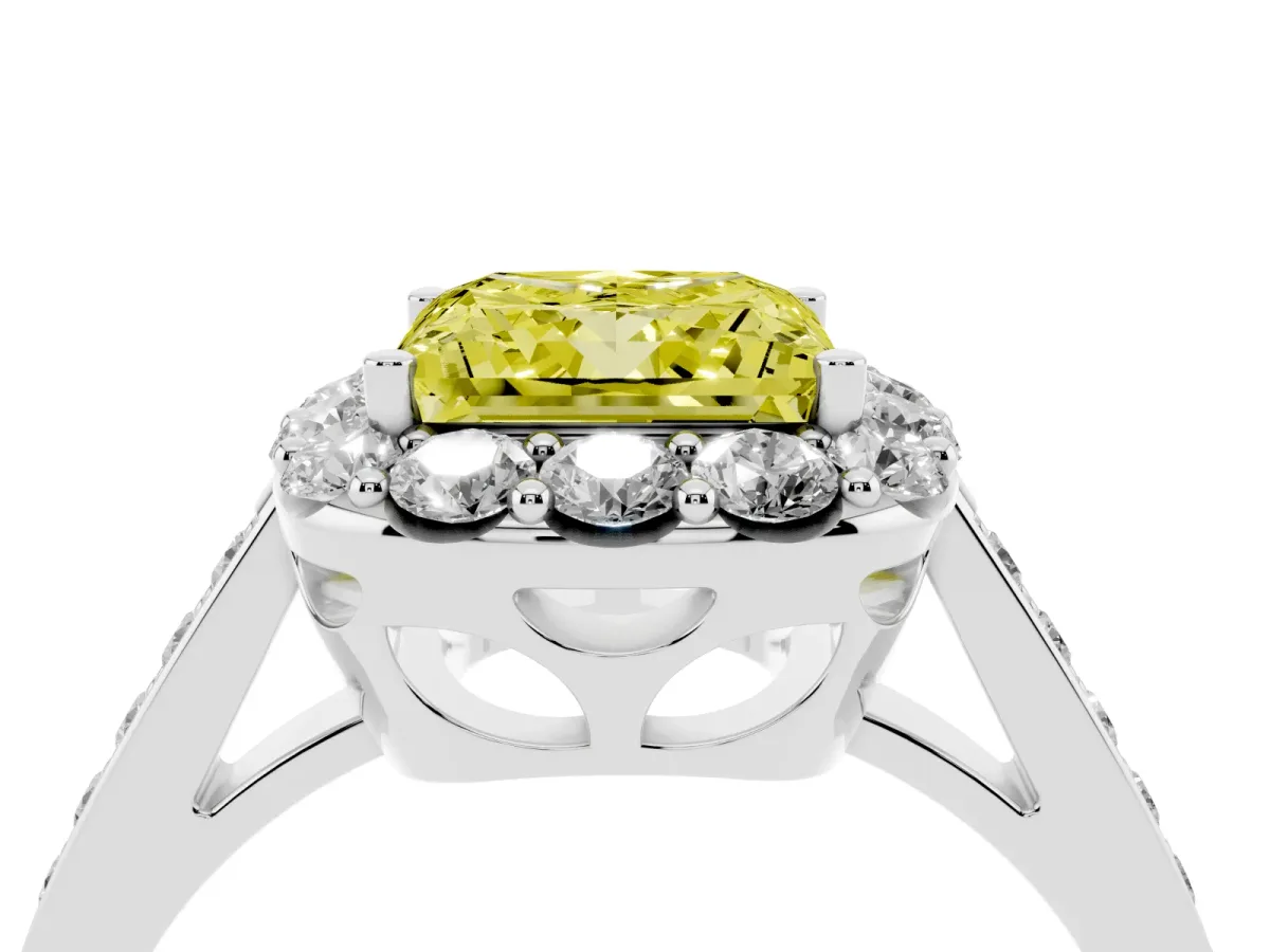 Fancy Yellow Princess Cut Diamond Floral Halo Ring with Pavé Band and Prong Setting White gold