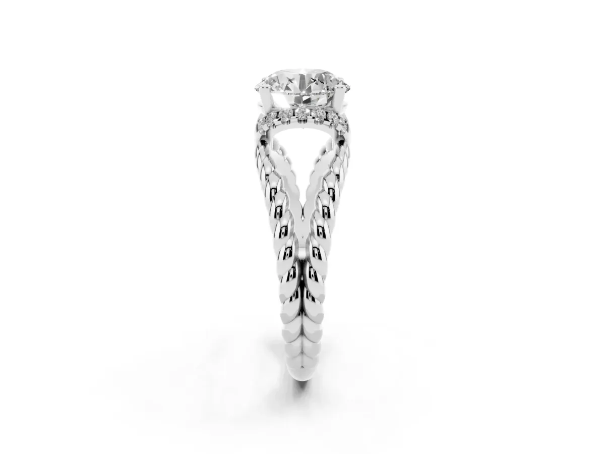 Round Cut Halo Twisted Band Four-Prong Ring Silver