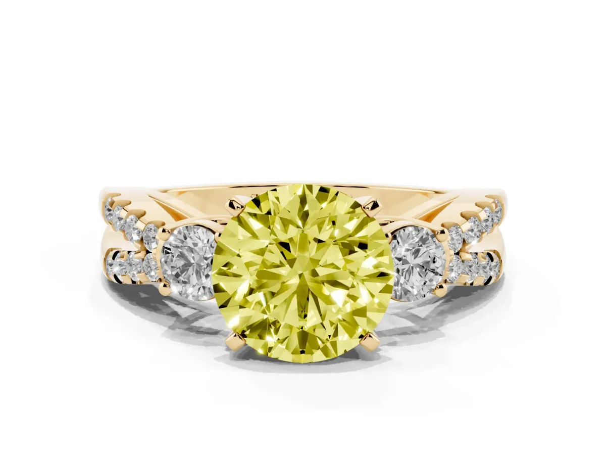 Fancy Yellow Round Cut Diamond Three-Stone Ring with Pavé Split Shank and Four-Prong Setting Yellow gold