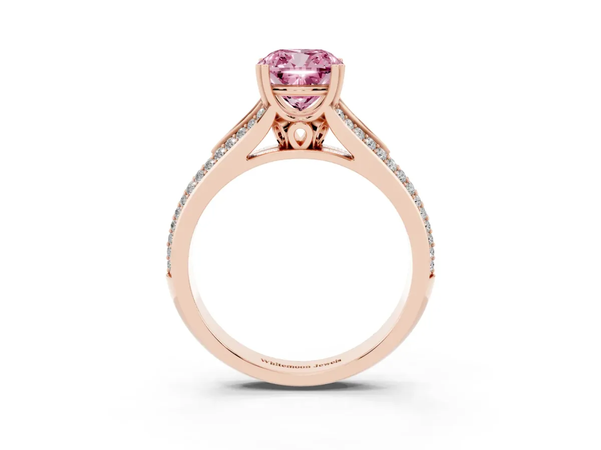 Fancy Pink Cushion Cut Diamond Split Shank Engagement Ring with Pavé Band Rose gold