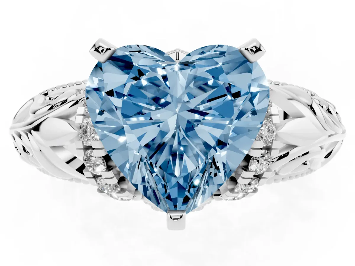 Fancy Blue Heart Cut Solitaire Filigree Engagement Ring with Halo and Prong Setting White gold
