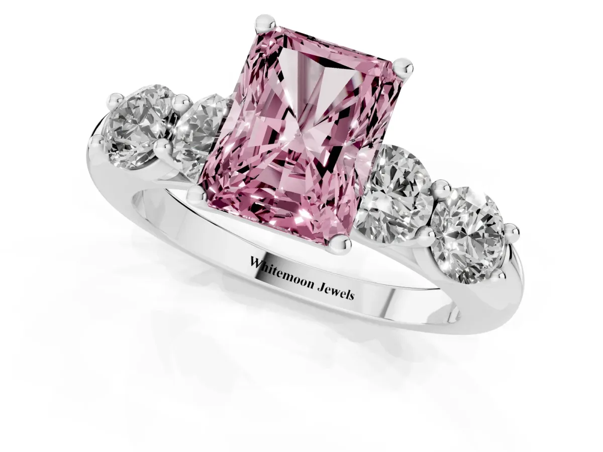 Fancy Pink Radiant Cut Cut Five-Stone Prong Set Diamond Ring with Classic Band Silver
